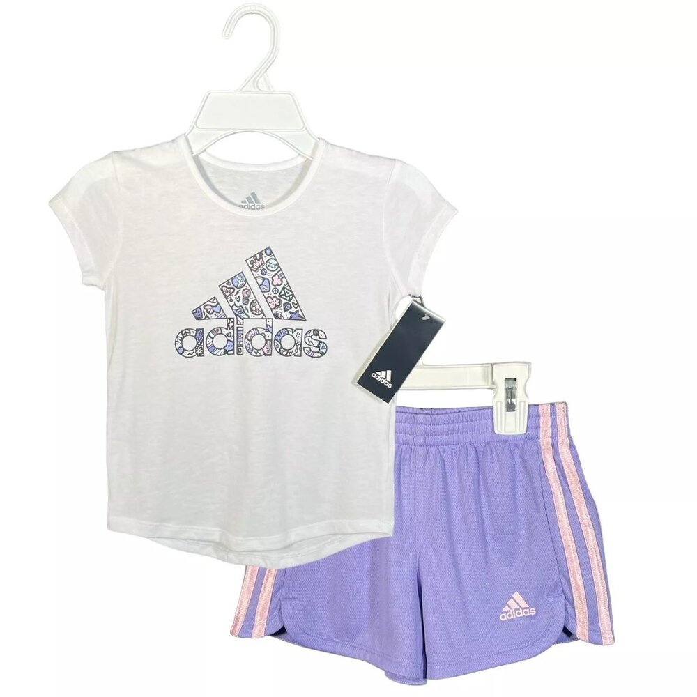 adidas Toddler/Little Girls T-Shirt & Shorts Outfit Set Size 3-4 Lavender White